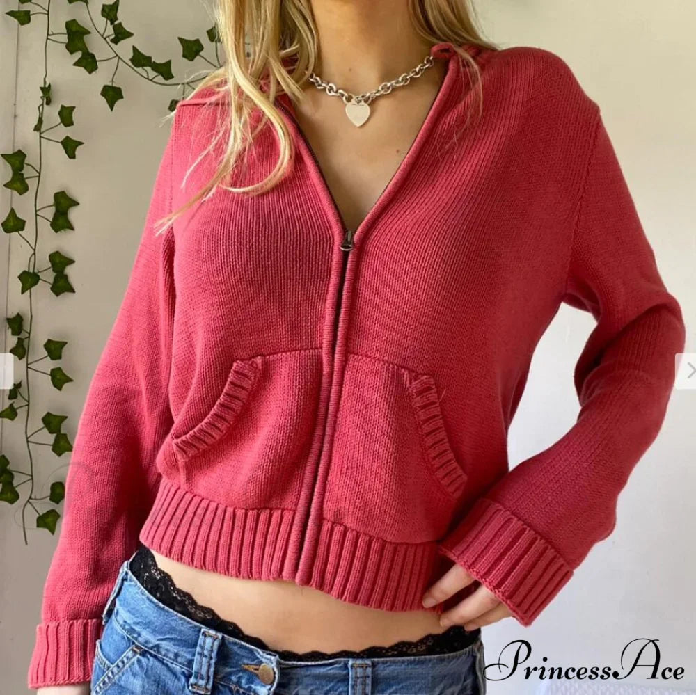 Sweatshirts Hoodies Zip-Up Women鈥檚 Long Cardigan Solid Knit Y2K Color Drawstring Casual Sweaters Arm Clothing