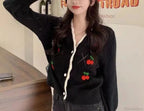 Sweet Cherry Button-Up Patchwork Knit Cardigan