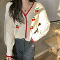 Sweet Cherry Button-Up Patchwork Knit Cardigan