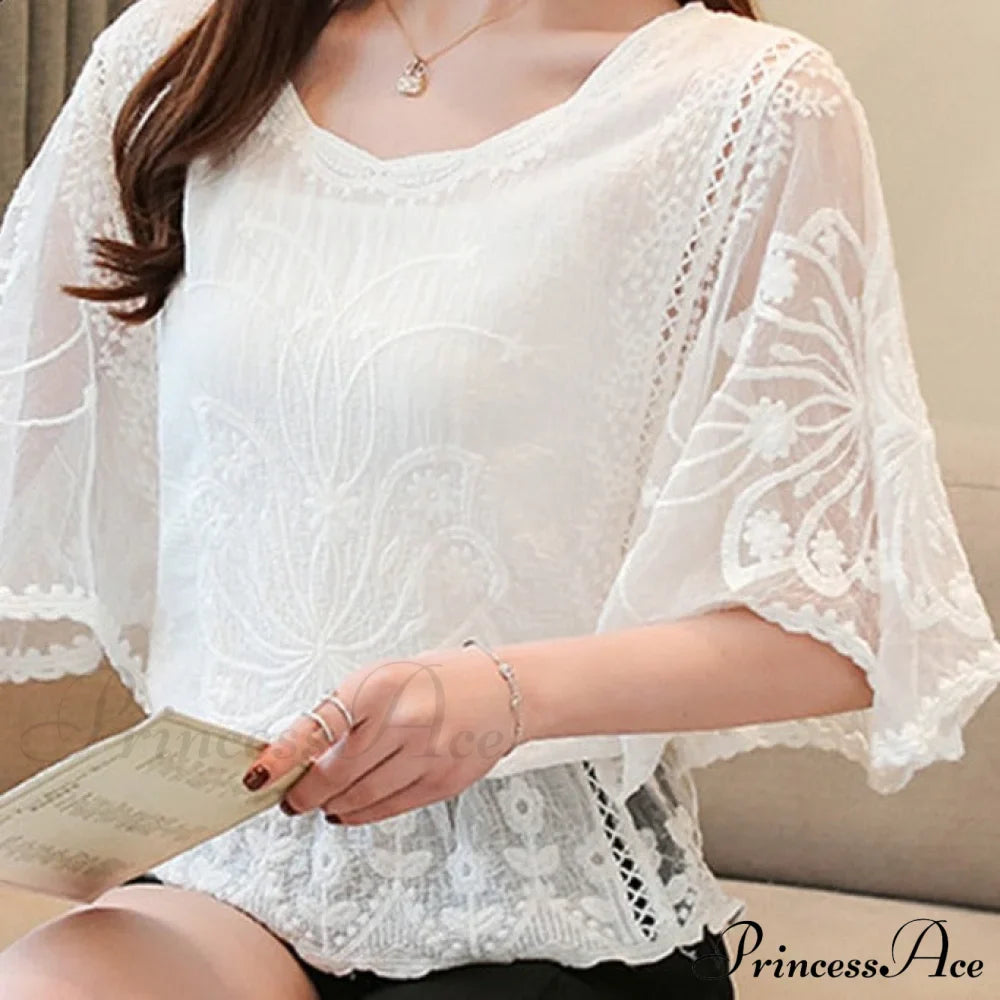 Sweet Spring Lace And Warm-Season Out Hollow White Blouse Top