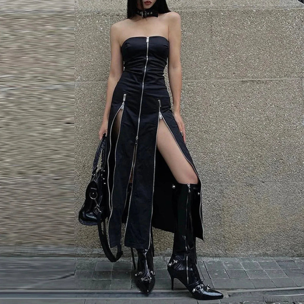 Technical Zip Up Split Ebony Midi Dress