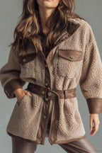 Thick Fleece Pu Panel Pocket Belted Retro Coat
