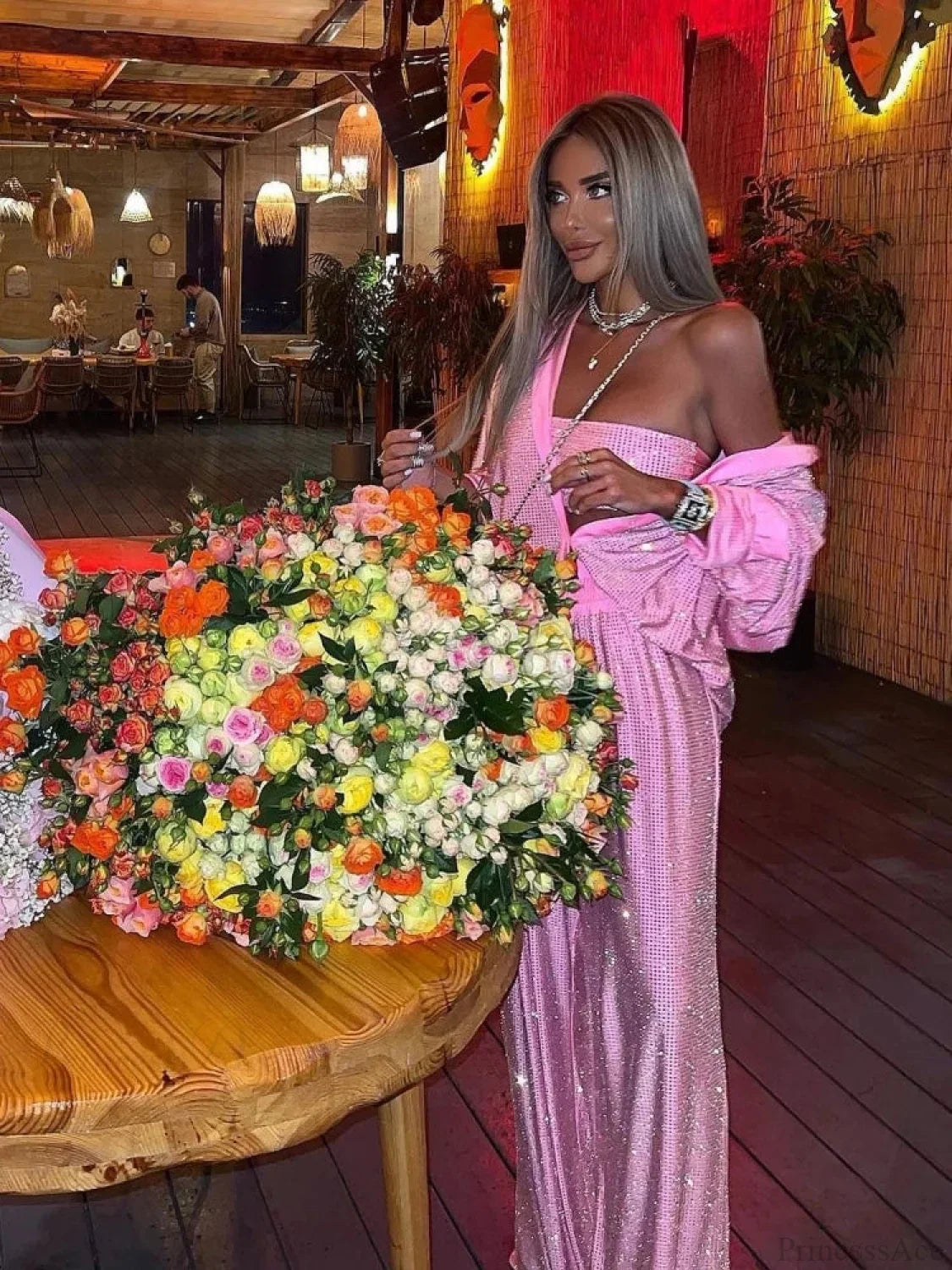Three Piece Pants Set Sparkle Diamonds Long Sleeve Pink Party Dress