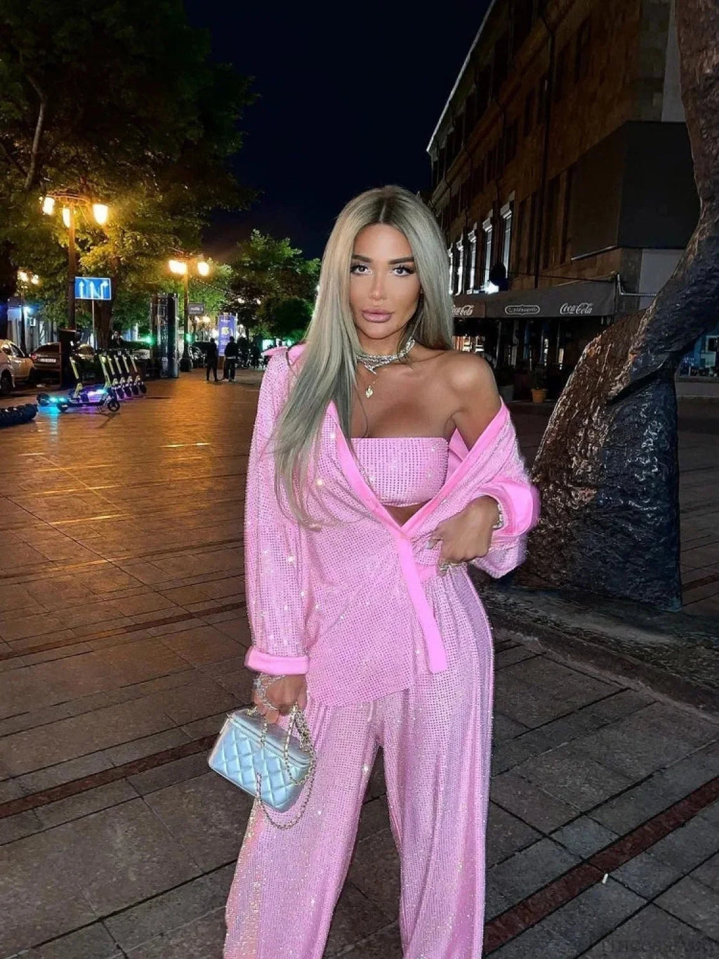 Three Piece Pants Set Sparkle Diamonds Long Sleeve Pink Party Dress