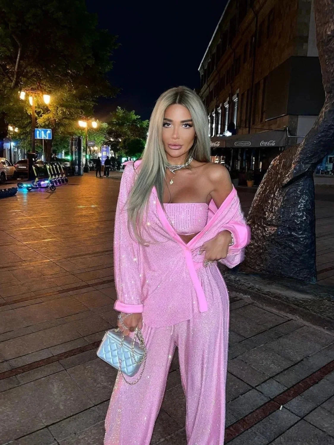 Three Piece Pants Set Sparkle Diamonds Long Sleeve Pink Party Dress