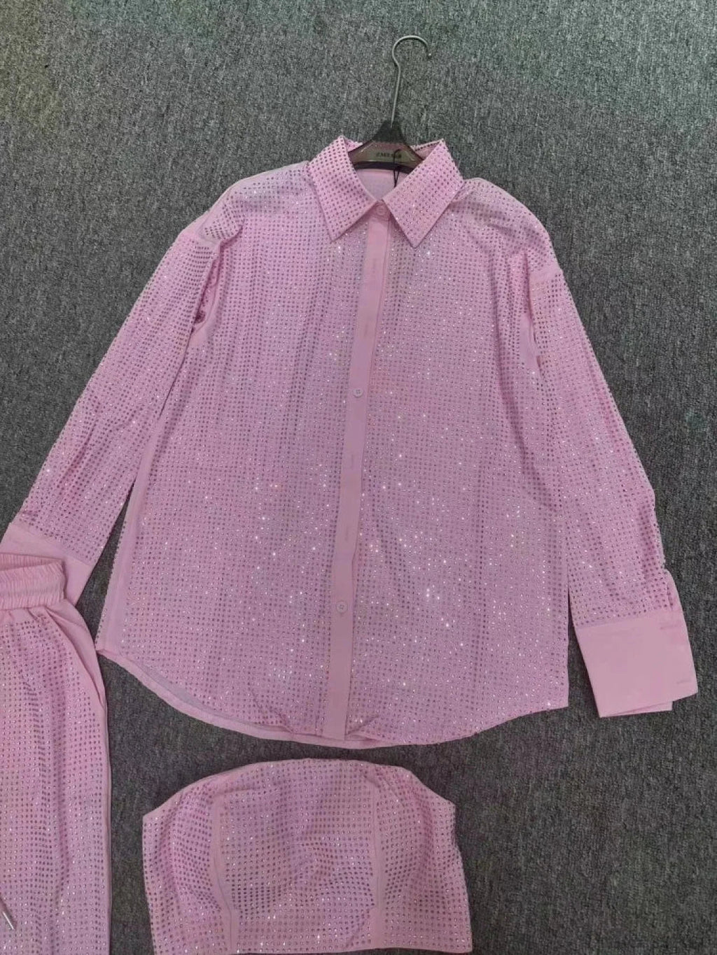Three Piece Pants Set Sparkle Diamonds Long Sleeve Pink Party Dress