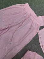 Three Piece Pants Set Sparkle Diamonds Long Sleeve Pink Party Dress