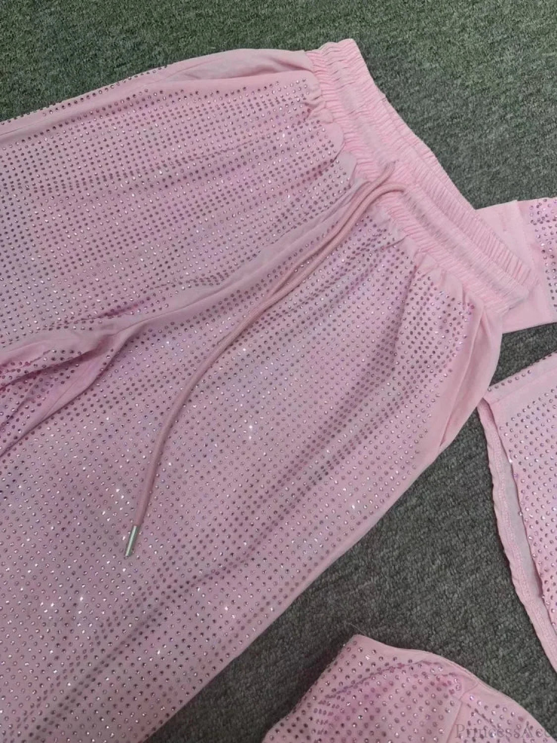 Three Piece Pants Set Sparkle Diamonds Long Sleeve Pink Party Dress