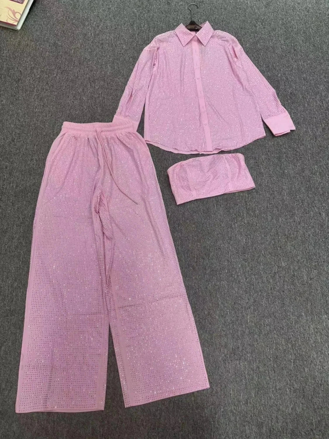 Three Piece Pants Set Sparkle Diamonds Long Sleeve Pink Party Dress