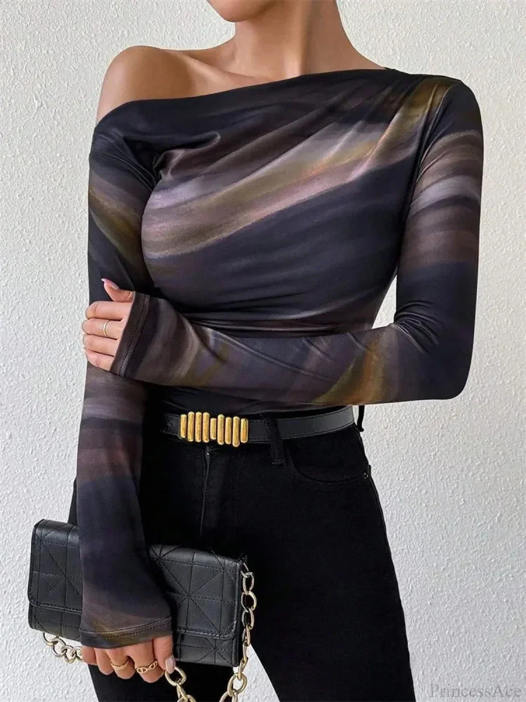 Tie-Dye One Shoulder Slim Fit Long Sleeve Knit Top
