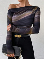 Tie-Dye One Shoulder Slim Fit Long Sleeve Knit Top
