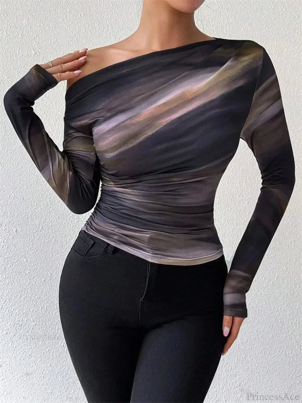 Tie-Dye One Shoulder Slim Fit Long Sleeve Knit Top