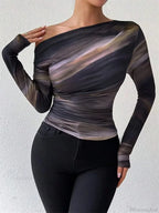 Tie-Dye One Shoulder Slim Fit Long Sleeve Knit Top