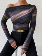 Tie-Dye One Shoulder Slim Fit Long Sleeve Knit Top
