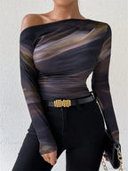 Tie-Dye One Shoulder Slim Fit Long Sleeve Knit Top