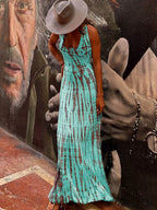 Tie-Dye Print Back Charming Lace-Up Stretch Maxi Dress