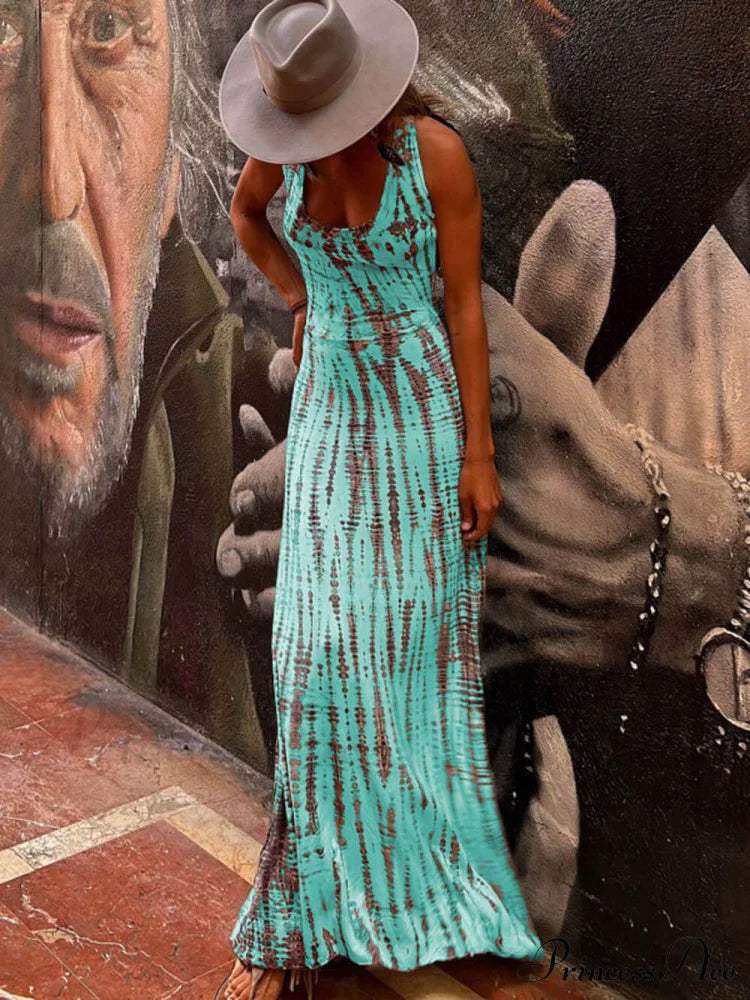 Tie-Dye Print Back Charming Lace-Up Stretch Maxi Dress