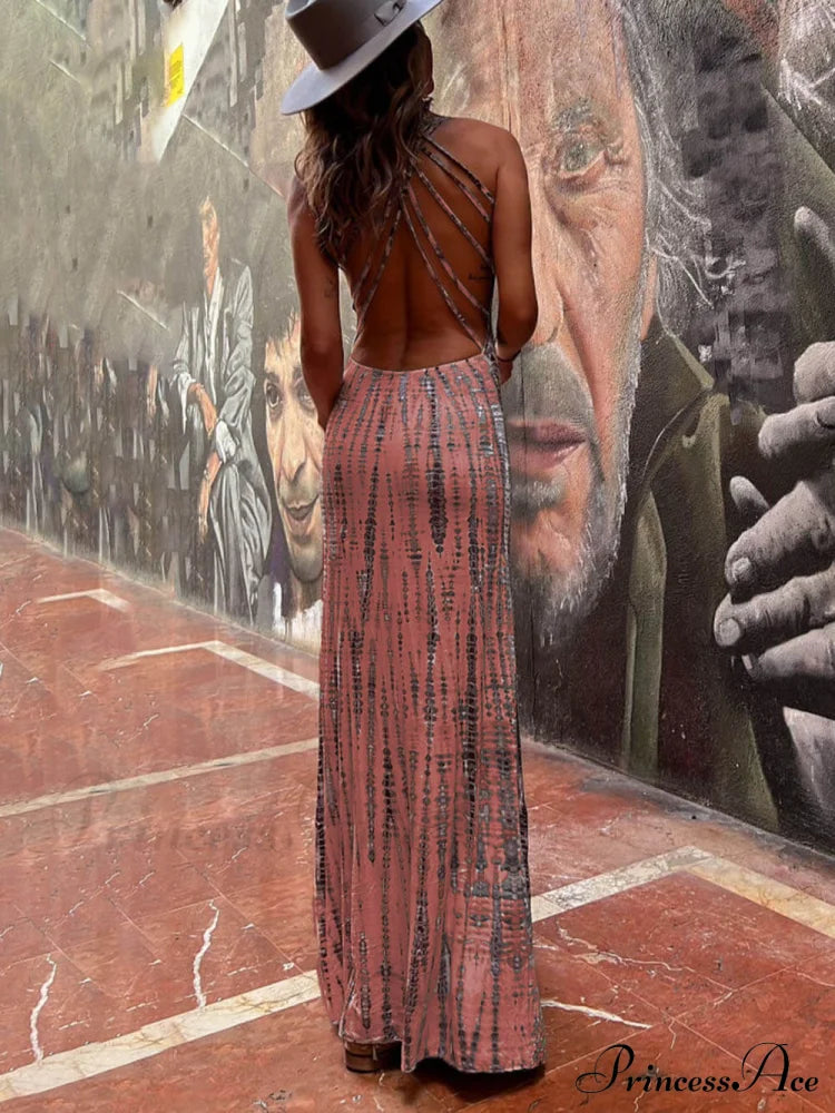 Tie-Dye Print Back Charming Lace-Up Stretch Maxi Dress