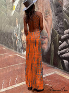 Tie-Dye Print Back Charming Lace-Up Stretch Maxi Dress