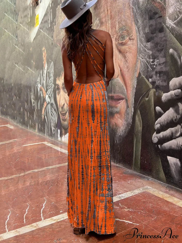 Tie-Dye Print Back Charming Lace-Up Stretch Maxi Dress