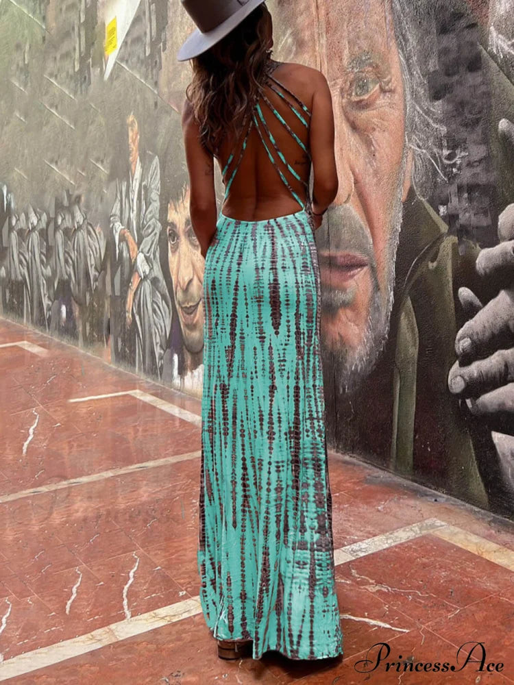 Tie-Dye Print Back Charming Lace-Up Stretch Maxi Dress