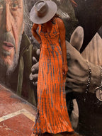 Tie-Dye Print Back Charming Lace-Up Stretch Maxi Dress