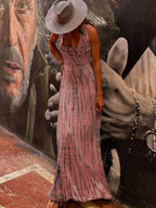 Tie-Dye Print Back Charming Lace-Up Stretch Maxi Dress