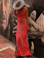 Tie-Dye Print Back Charming Lace-Up Stretch Maxi Dress