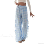 Tie-Up Plaid Stripe Loose Polyester Wide Leg Pant