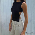Tied Backless Solid Sleeveless Crop Summer Skinny Simple Trim Outfits Mock Neck Basic Tank Top