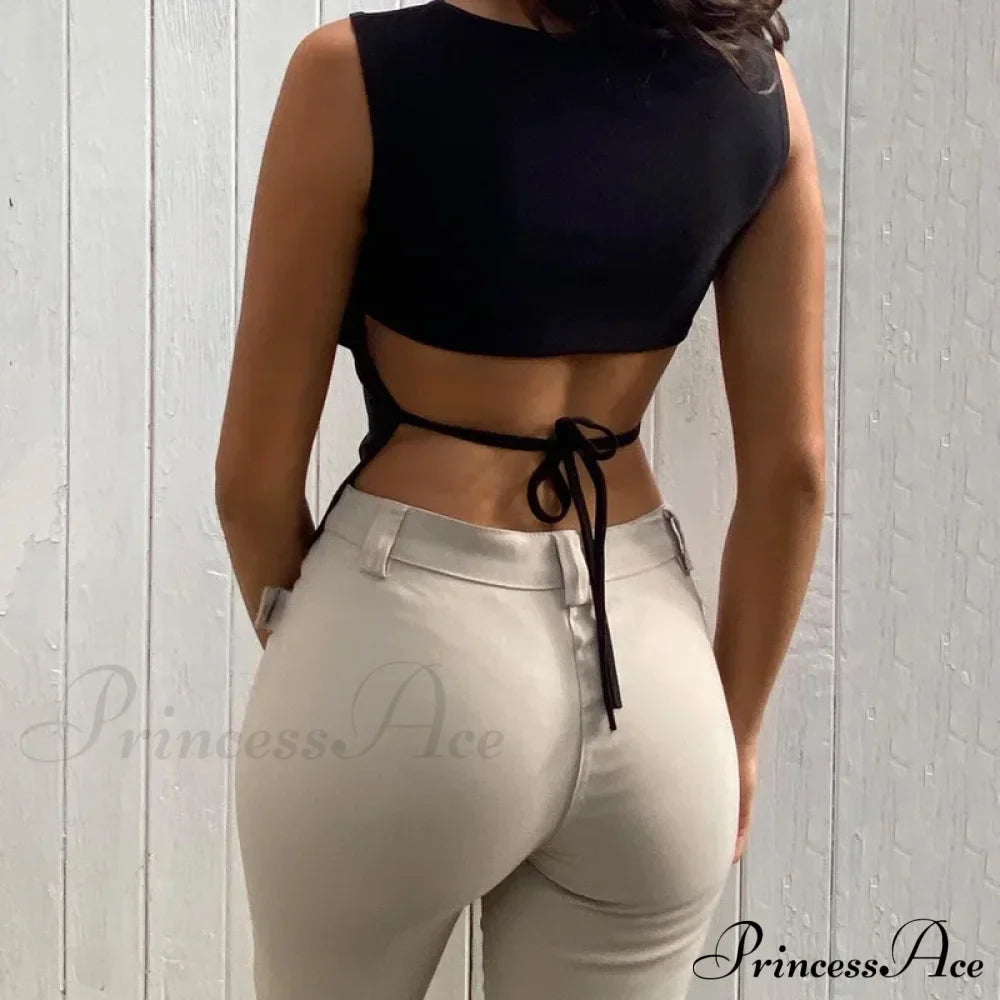 Tied Backless Solid Sleeveless Crop Summer Skinny Simple Trim Outfits Mock Neck Basic Tank Top