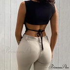 Tied Backless Solid Sleeveless Crop Summer Skinny Simple Trim Outfits Mock Neck Basic Tank Top