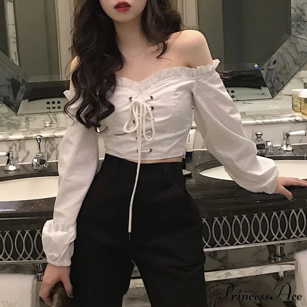 Top Sleeves Lace Ruffle Puff Tops Long Crop Vintage Arm Up Bandage Blouse Shoulder Black Off With White