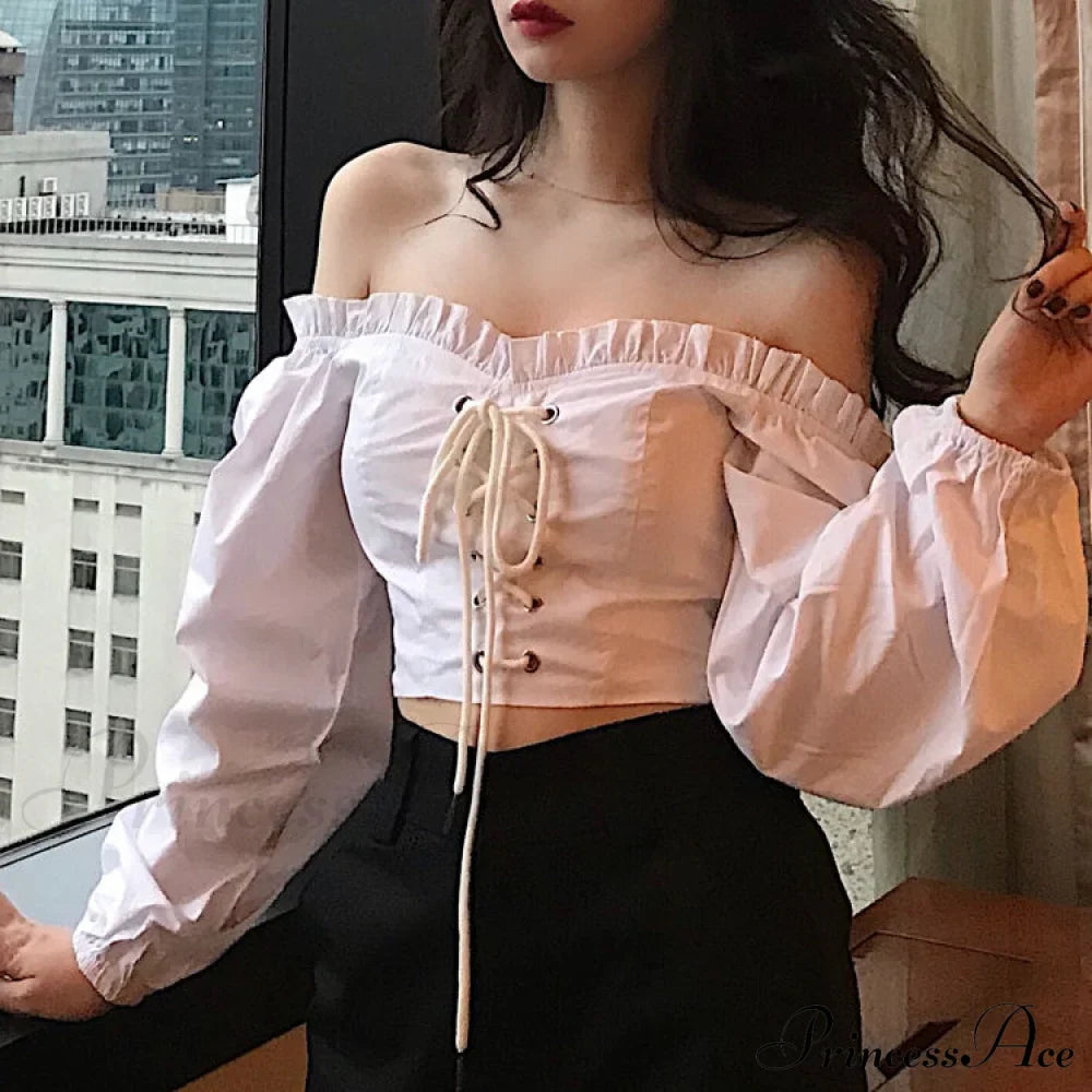 Top Sleeves Lace Ruffle Puff Tops Long Crop Vintage Arm Up Bandage Blouse Shoulder Black Off With White