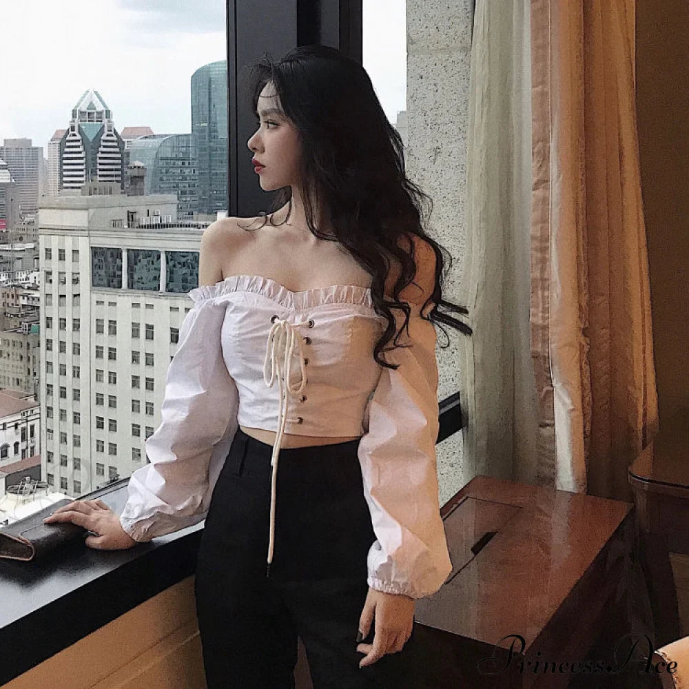 Top Sleeves Lace Ruffle Puff Tops Long Crop Vintage Arm Up Bandage Blouse Shoulder Black Off With White