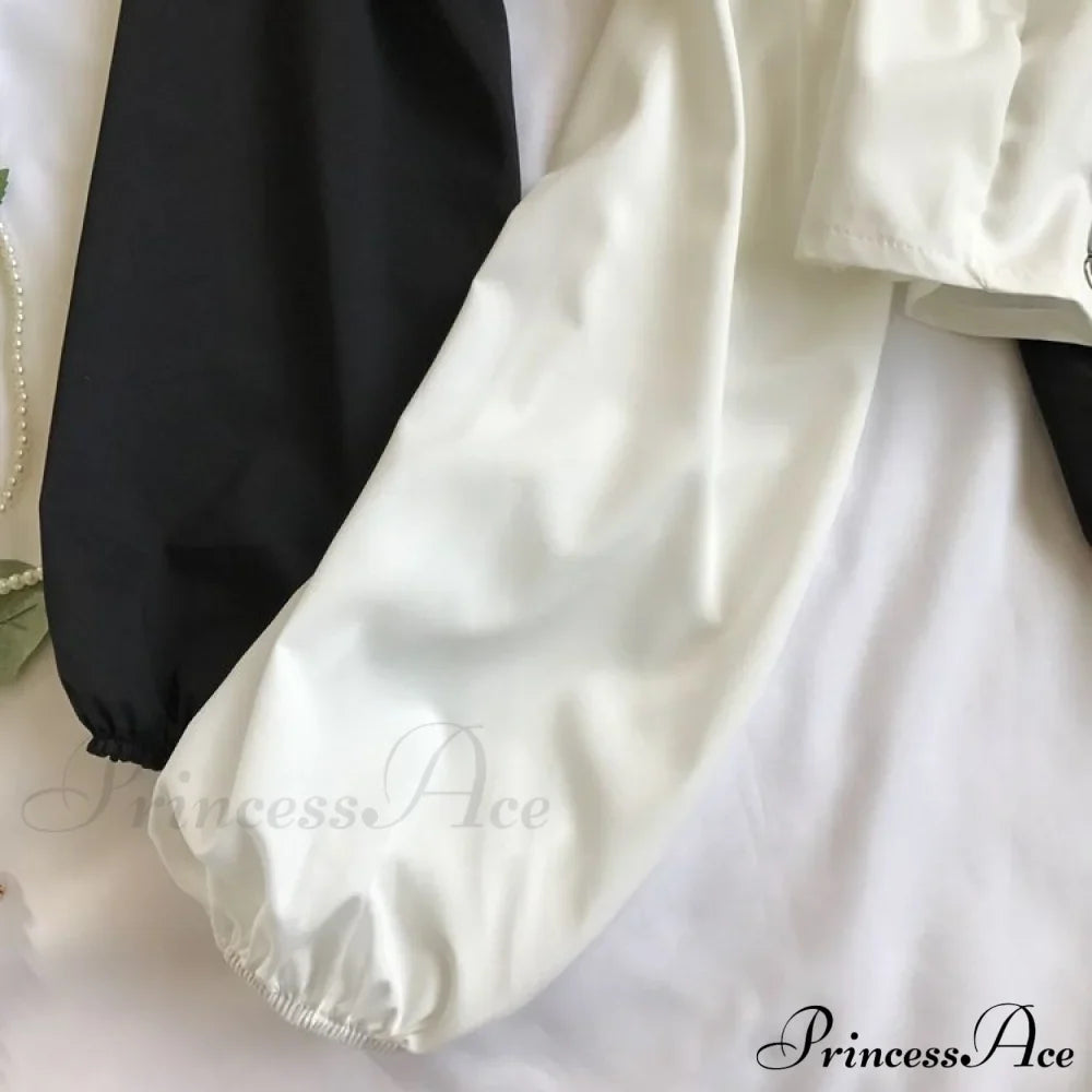 Top Sleeves Lace Ruffle Puff Tops Long Crop Vintage Arm Up Bandage Blouse Shoulder Black Off With White