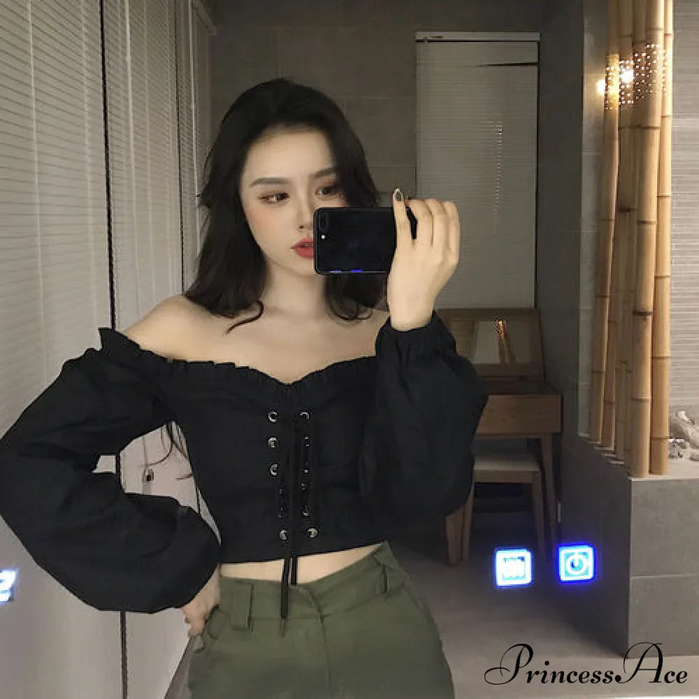 Top Sleeves Lace Ruffle Puff Tops Long Crop Vintage Arm Up Bandage Blouse Shoulder Black Off With White