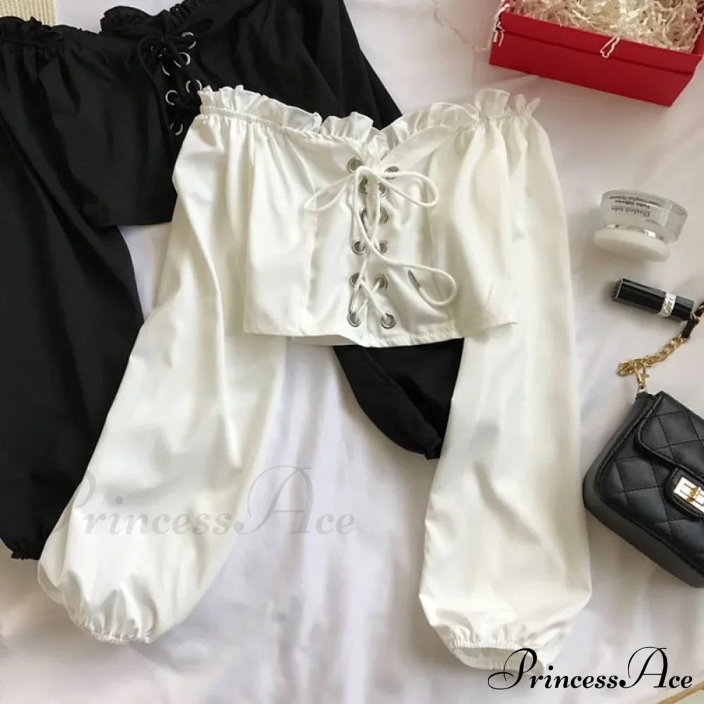 Top Sleeves Lace Ruffle Puff Tops Long Crop Vintage Arm Up Bandage Blouse Shoulder Black Off With White