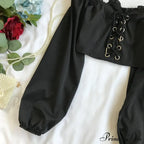 Top Sleeves Lace Ruffle Puff Tops Long Crop Vintage Arm Up Bandage Blouse Shoulder Black Off With White