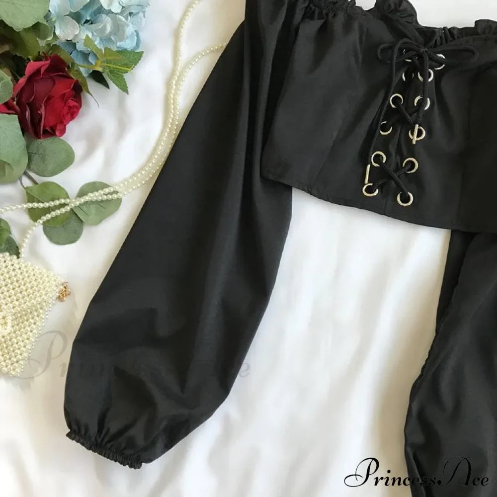 Top Sleeves Lace Ruffle Puff Tops Long Crop Vintage Arm Up Bandage Blouse Shoulder Black Off With White