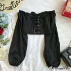 Top Sleeves Lace Ruffle Puff Tops Long Crop Vintage Arm Up Bandage Blouse Shoulder Black Off With White