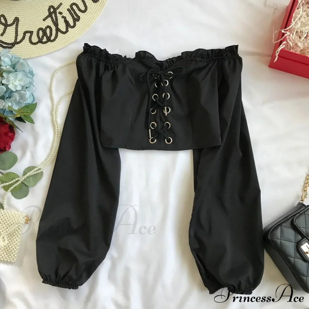 Top Sleeves Lace Ruffle Puff Tops Long Crop Vintage Arm Up Bandage Blouse Shoulder Black Off With White