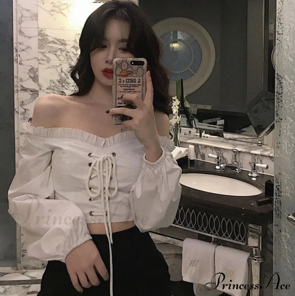 Top Sleeves Lace Ruffle Puff Tops Long Crop Vintage Arm Up Bandage Blouse Shoulder Black Off With White