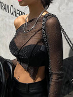 Top Solid Mesh Color For One-Shoulder Crop Sheer Women
