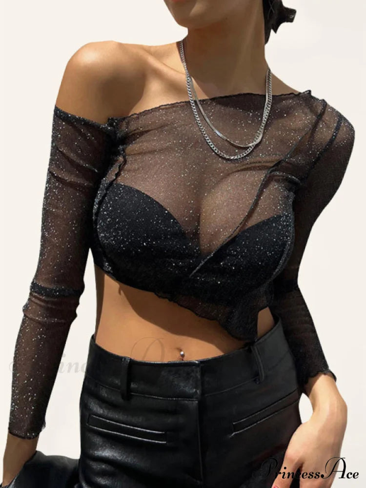 Top Solid Mesh Color For One-Shoulder Crop Sheer Women