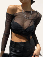 Top Solid Mesh Color For One-Shoulder Crop Sheer Women