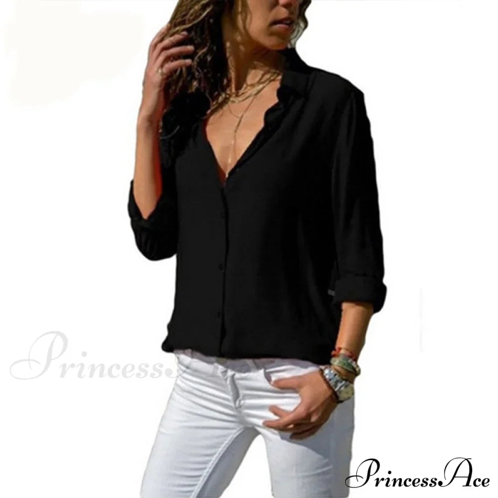 Tops Office Warm-Season Blouse Women V-Neck Casual Solid Shirts Chiffon Regular
