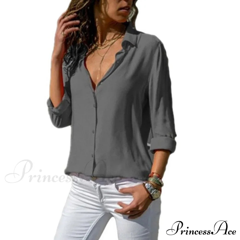Tops Office Warm-Season Blouse Women V-Neck Casual Solid Shirts Chiffon Regular