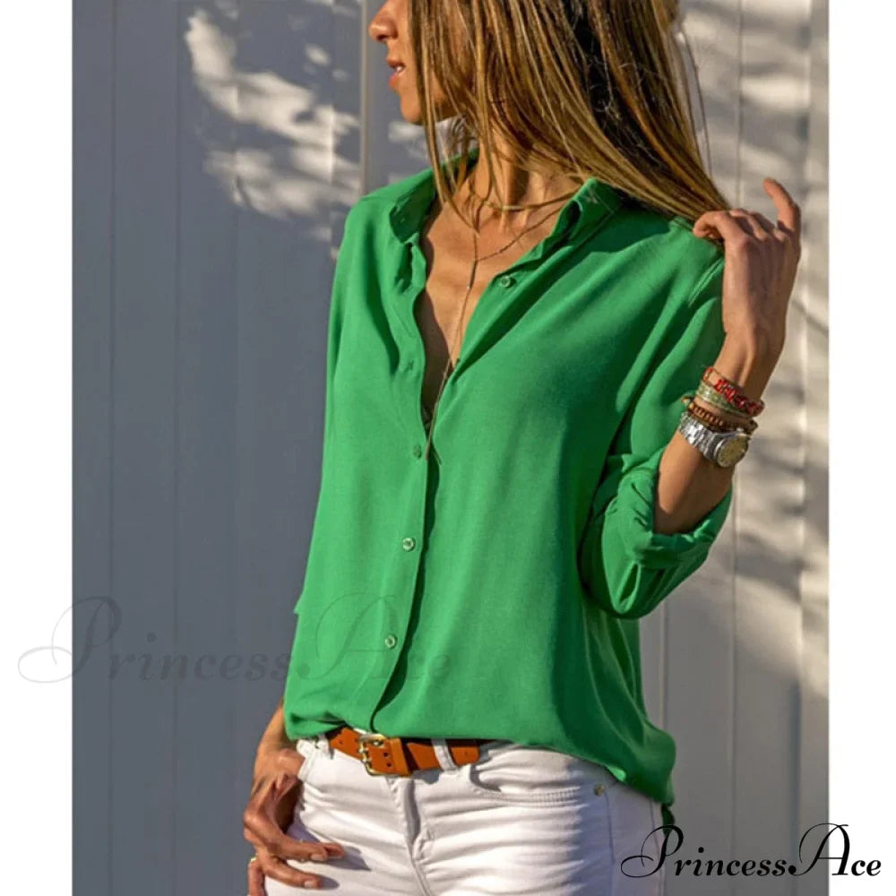 Tops Office Warm-Season Blouse Women V-Neck Casual Solid Shirts Chiffon Regular