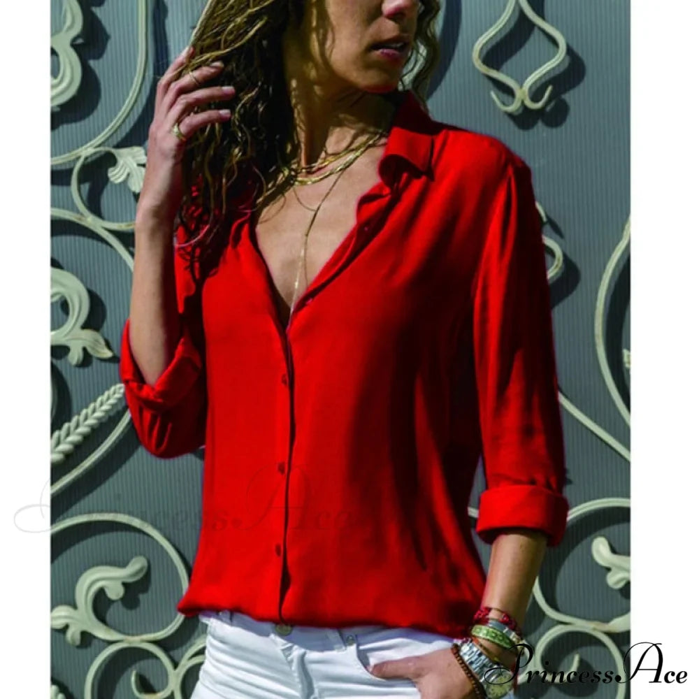 Tops Office Warm-Season Blouse Women V-Neck Casual Solid Shirts Chiffon Regular